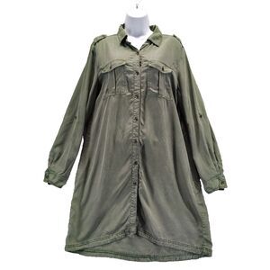 Kenneth Cole Womens Epaulette Shirt Dress Size M Army Green Roll Tab Sleeves